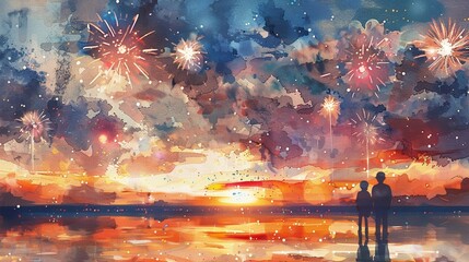 A heartwarming scene of a family watching fireworks over the ocean, with reflections in the watercolor sea  isolated on white background clipart