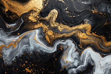 A closeup of swirling patterns in black and gold marble, resembling the surface of an ocean with waves. Created with Ai