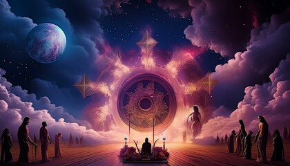 AI generated illustration of crowd in front of planets and stars surrounding Dark Fantasy - obrazy, fototapety, plakaty