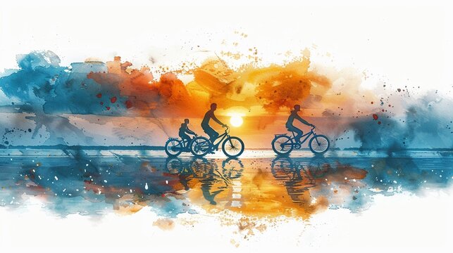 A Heartwarming Image Of A Family Taking A Sunset Beach Ride On Bicycles, With A Stunning Watercolor Ocean Background  Isolated On White Background Clipart