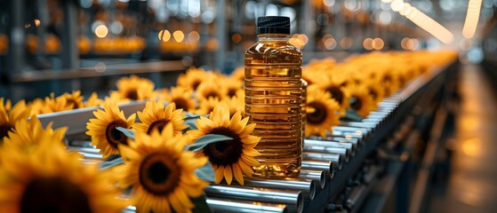 Golden Sunflower Oil Procession Amidst Blossoms. Concept Sunflower Harvest, Oil Extraction, Industrial Process, Quality Check, Packaging - obrazy, fototapety, plakaty