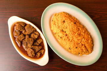 Rice with pigeon peas and beef stew