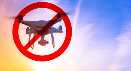 Ban on quadcopter flights. Crossed out drone flies in sky. Quadcopter with camera. Drone taking...