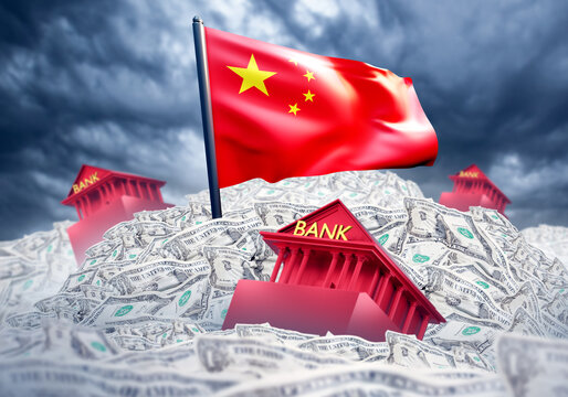 China flag in pile money. Bank buildings are drowning in cash. Metaphor Chinese economic crisis. Financial collapse in China. Crisis economic system. Recession in people republic of China. 3d image