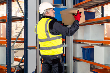 Man is storekeeper. Warehouse manager with box. Worker places package on shelf. Warehouse specialist in yellow vest. Storekeeper near metal storage shelves. Man inside fulfillment center.