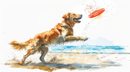 A playful depiction of a dog catching a frisbee on the beach, with a lively watercolor ocean in the background  isolated on white background clipart