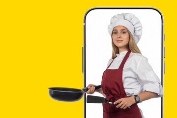 Woman cook. Girl kitchen worker. Chef with frying pan in hands. Culinary woman in smartphone screen. Concept app for restaurant employees. Student of chef college stands on yellow. Cook lady