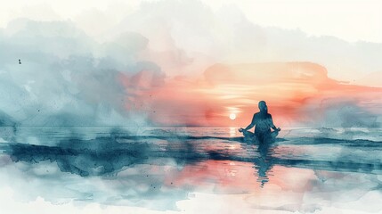 A peaceful image of a lone yoga practitioner on the beach at dawn, with a soft watercolor ocean and sky blending together  isolated on white background clipart - obrazy, fototapety, plakaty