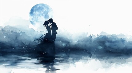 A romantic scene of a couple dancing on the beach at night, with a gentle watercolor ocean under the moonlight  isolated on white background clipart - obrazy, fototapety, plakaty
