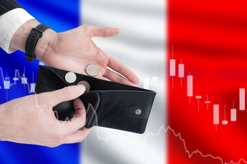 Bankruptcy of businessmen from France. Empty wallet in hands of man. Falling graph on flag of France. Financial crisis quotes. Metaphor of falling income. Bankruptcy of french citizens