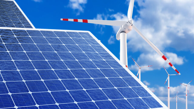 Green energy. Solar power plant. Wind generators. Solar panels and blue sky. Eco energy. Equipment for extraction green fuel. Extraction energy from renewable sources. Current, electricity. 3d image