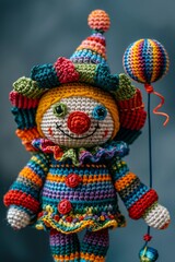 Joyful crochet amigurumi clown with colorful outfit and a tiny balloon, perfect for a childrens party scene , cinematic