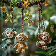 Lively crochet amigurumi jungle monkeys swinging from vines, playful expressions, lush greenery around , cinematic