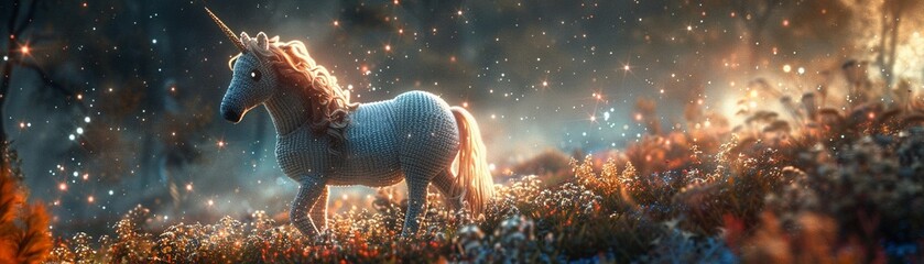 Magical crochet amigurumi unicorn, sparkling mane, celestial backdrop, captured in a moonlit glade , cinematic