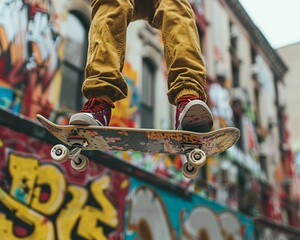 A dynamic skate park, skaters in action, graffiti walls promoting a new sports brand