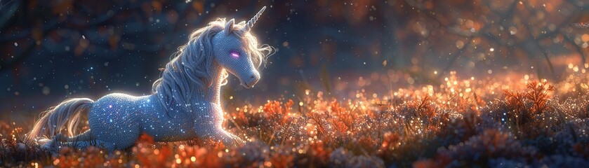 Obraz na płótnie Canvas Magical crochet amigurumi unicorn, sparkling mane, celestial backdrop, captured in a moonlit glade , cinematic