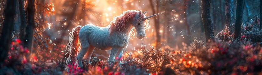 Magical crochet amigurumi unicorn, sparkling mane, celestial backdrop, captured in a moonlit glade , cinematic - obrazy, fototapety, plakaty