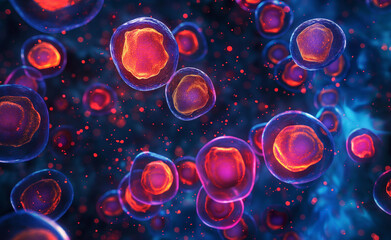 Microscopic Marvels: Exploring Human Cells and Stem Cells. Human cell or Embryonic stem. Cell Microscope Background. - obrazy, fototapety, plakaty