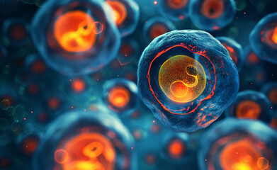 Microscopic Marvels: Exploring Human Cells and Stem Cells. Human cell or Embryonic stem. Cell Microscope Background. - obrazy, fototapety, plakaty