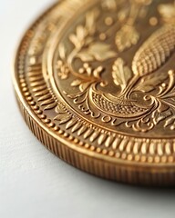 A single, antique gold coin with detailed engravings, resting on white, telling tales of history and wealth