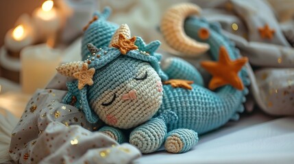 Sleepy crochet amigurumi baby dragon curled up with a nightcap under a crescent moon , cinematic - obrazy, fototapety, plakaty