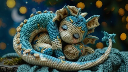 Sleepy crochet amigurumi baby dragon curled up with a nightcap under a crescent moon , cinematic - obrazy, fototapety, plakaty