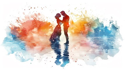 A vibrant depiction of a salsa dance lesson on the beach, with lively movements and a passionate watercolor ocean background  isolated on white background clipart