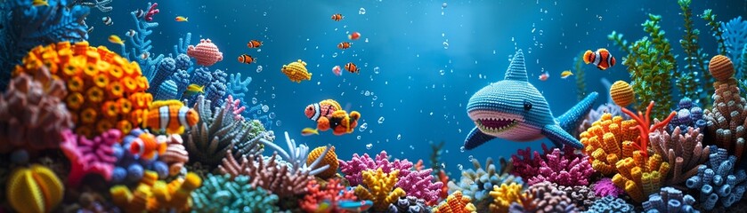 Fototapeta na wymiar Underwater crochet amigurumi adventure scene with a shark and colorful coral reef, deep blue sea backdrop , cinematic