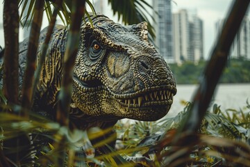 a close up of a dinosaur with some bushes in the background