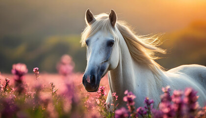 Portrait of white horse in field with pink flowers. Farm or wild animal. Blurred natural backdrop.