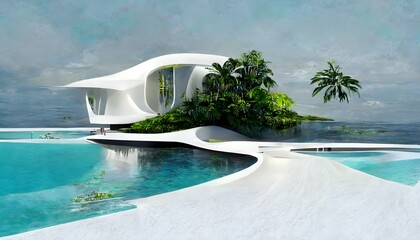 AI generated illustration of a contemporary seaside home with a swimming pool and palm trees