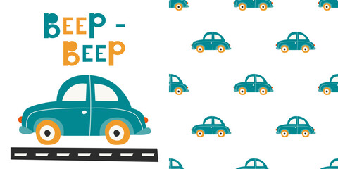 Obraz premium Car machine in Scandinavian style on road for children poster, flyer, t-shirt and pajamas print. Abstract seamless pattern with car for boy. lettering Beep-beep. Vector illustration