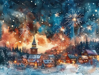 A winter solstice celebration in the village, a watercolor night sky illuminated by fireworks and starlight  isolated on white background clipart