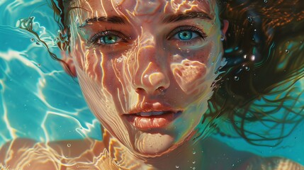 AI generated illustration of a woman underwater with sunlight shining through from above
