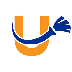 Letter U House Clean Logo With Clean Brush Symbol. Maid and Broom Icon