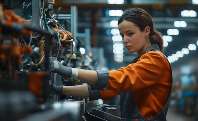 Mastering Machinery: Confident Female Worker in Automotive Manufacturing - 785168255
