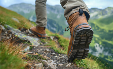 Man hiking up a mountain trail with a close-up of his leather hiking boots. - obrazy, fototapety, plakaty