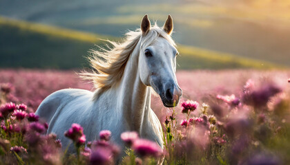 Obraz na płótnie Canvas Portrait of white horse in field with pink flowers. Farm or wild animal. Blurred natural backdrop.