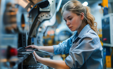 Mastering Machinery: Confident Female Worker in Automotive Manufacturing - 785168297
