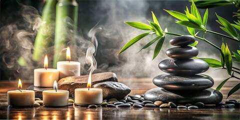  in a spa, stones lie dark and steam everywhere, bamboo and candles generated by AI