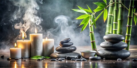 in a spa, stones lie dark and steam everywhere, bamboo and candles generated by AI