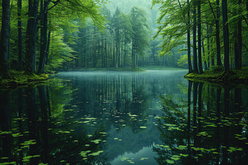 A serene lake surrounded by dense forests, reflecting the misty sky and lush greenery. The calm water had reflections of towering trees. Created with Ai