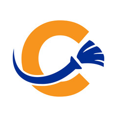 Letter C House Clean Logo With Clean Brush Symbol. Maid and Broom Icon