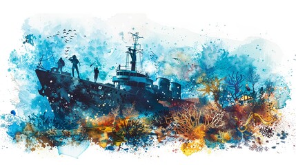 An adventurous depiction of a scuba diving group exploring a sunken ship, surrounded by a watercolor ocean teeming with marine life  isolated on white background clipart - obrazy, fototapety, plakaty
