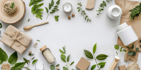 Flat lay of environmentally friendly products and natural packaging materials