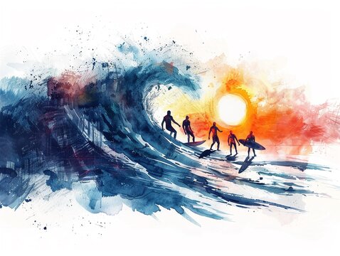 An adventurous image of surfers waiting for the perfect wave, with anticipation in a dynamic watercolor ocean setting  isolated on white background clipart