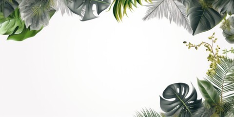 Gray frame background, tropical leaves and plants around the gray rectangle in the middle of the photo with space for text