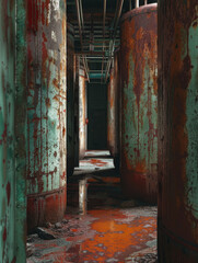 Fototapeta na wymiar Weathered rusted walls in an abandoned industrial setting.