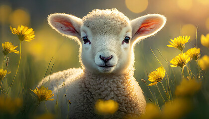 Portrait of white little lamb in field with yellow flowers. Domestic animal. Blurred backdrop.