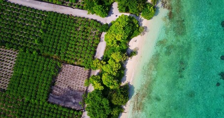 Aerial drone shot of an island in the Maldives washed by the Indian Ocean